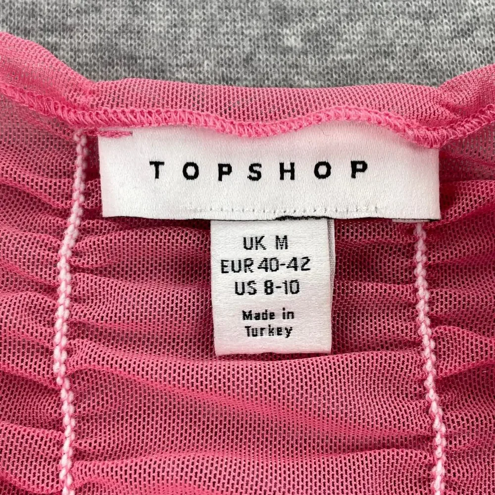 TOPSHOP Dress Size M 8/10 Hot Pink Sheer Layered Mesh Mini Ruched Long Sleeve